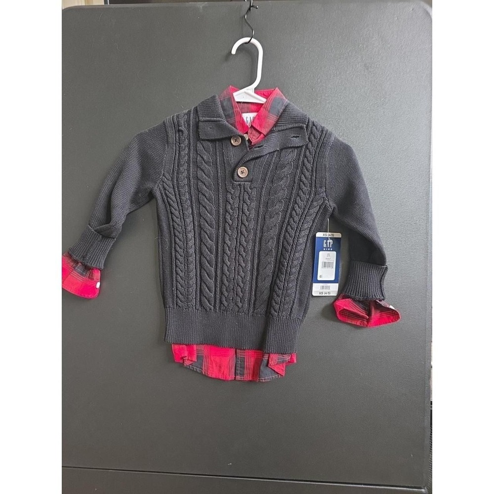 GAP Kids Sweater Shirt Set Youth XS 4/5 Black Plaid Layered Look